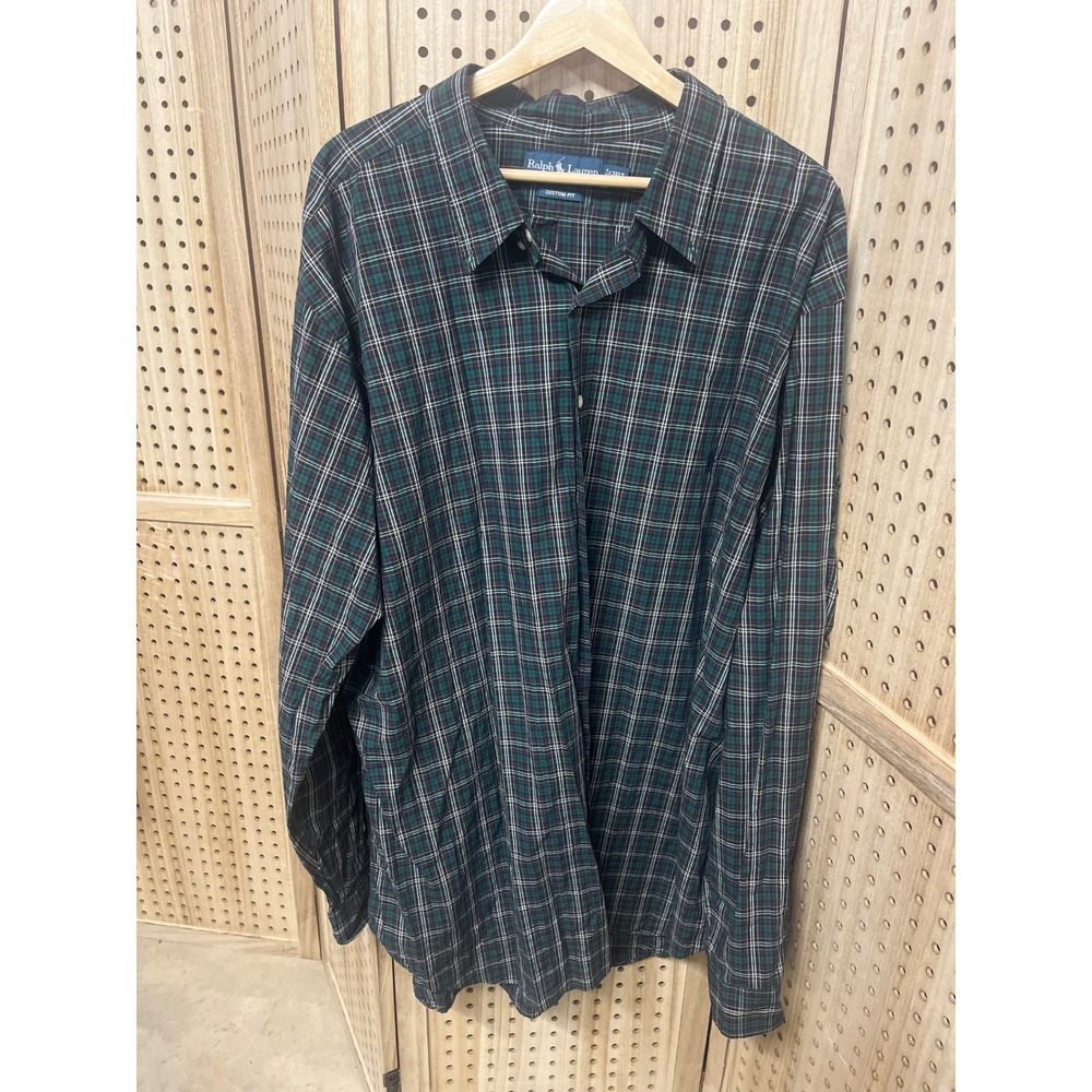 Ralph Lauren Mens 3XLT Custom Fit Plaid Button Down Shirt Green Navy Blue Tall